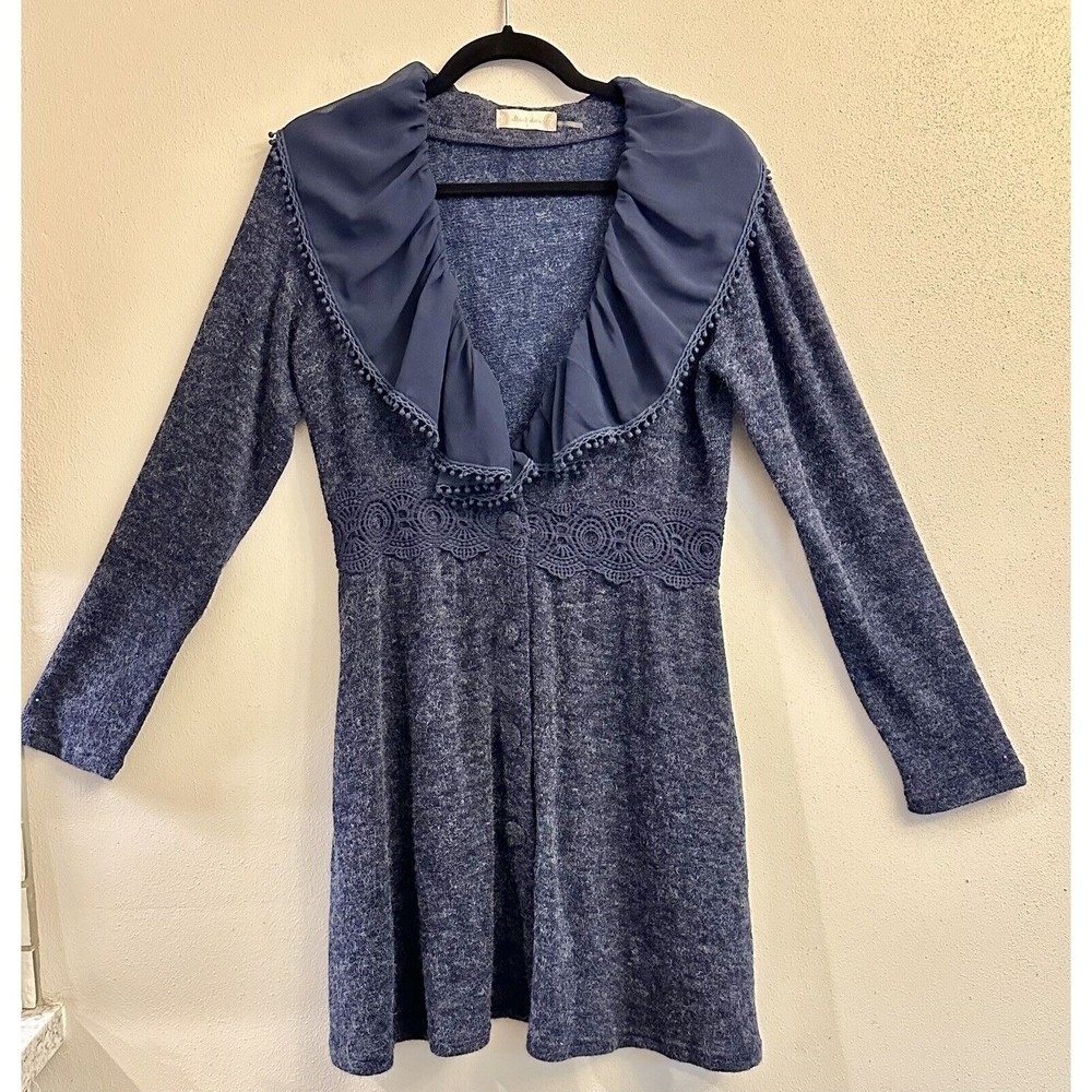 Altar’d State Ruffle Button Down Blue Sweater Cardigan‎ Dress Small Side Pockets